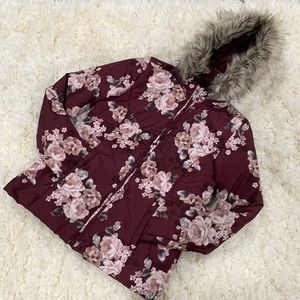 GUESS PUFFER COAT FAUX FUR REMOVABLE HOOD ROSE GOLD FLORAL - SIZE S